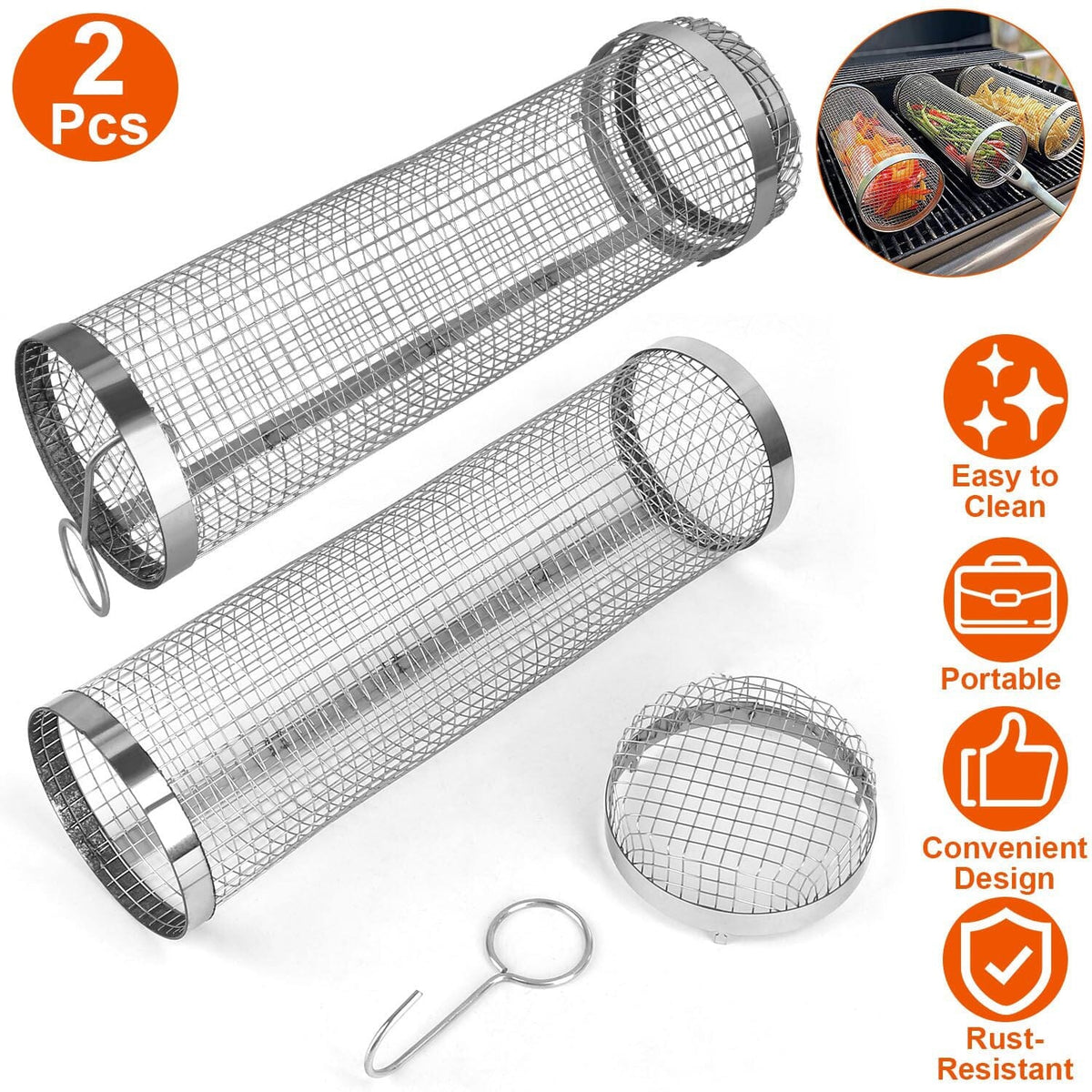2-piece: Portable BBQ Roll Cart Round Stainless Steel Grill
