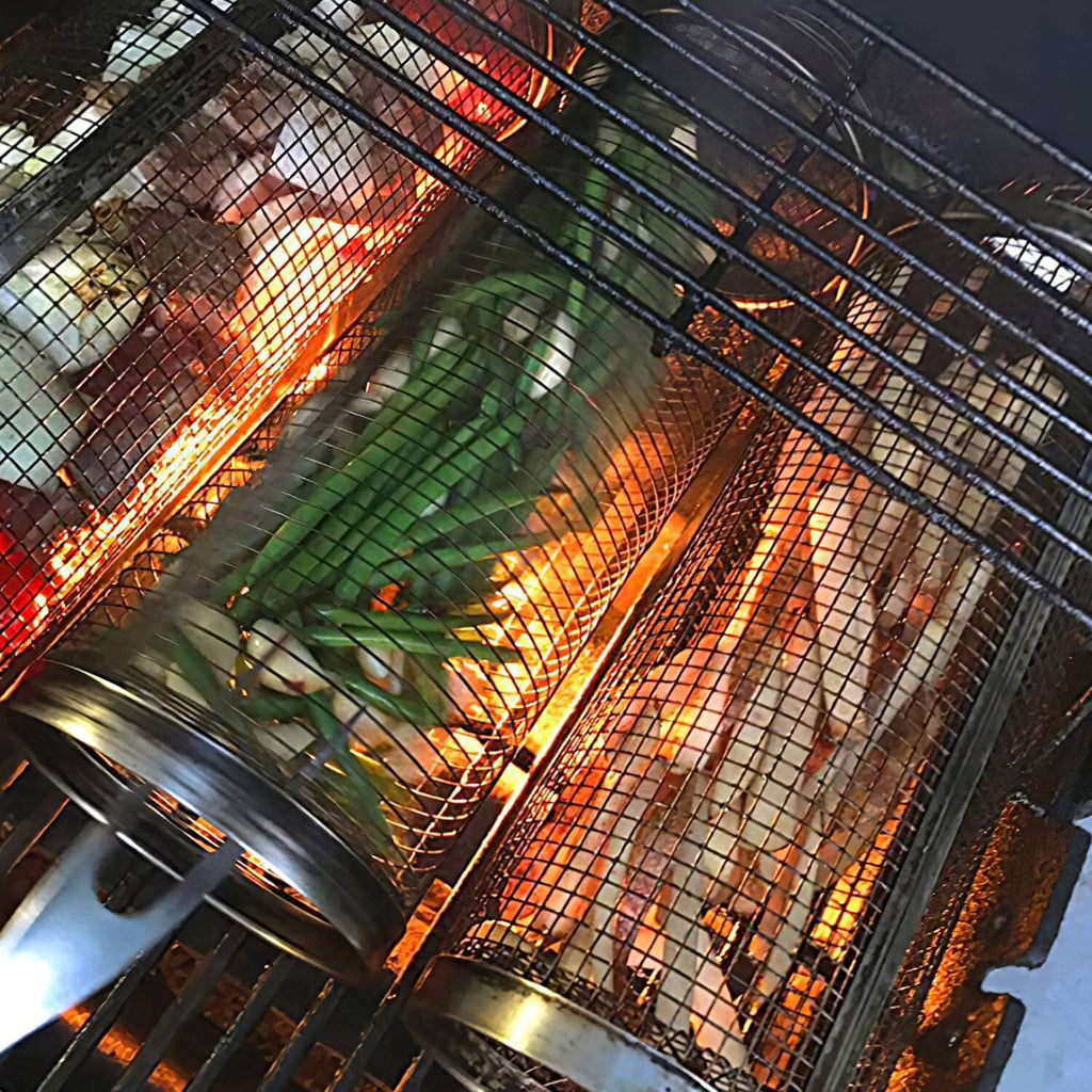 2-piece: Portable BBQ Rolling Basket Round Stainless Steel Grill