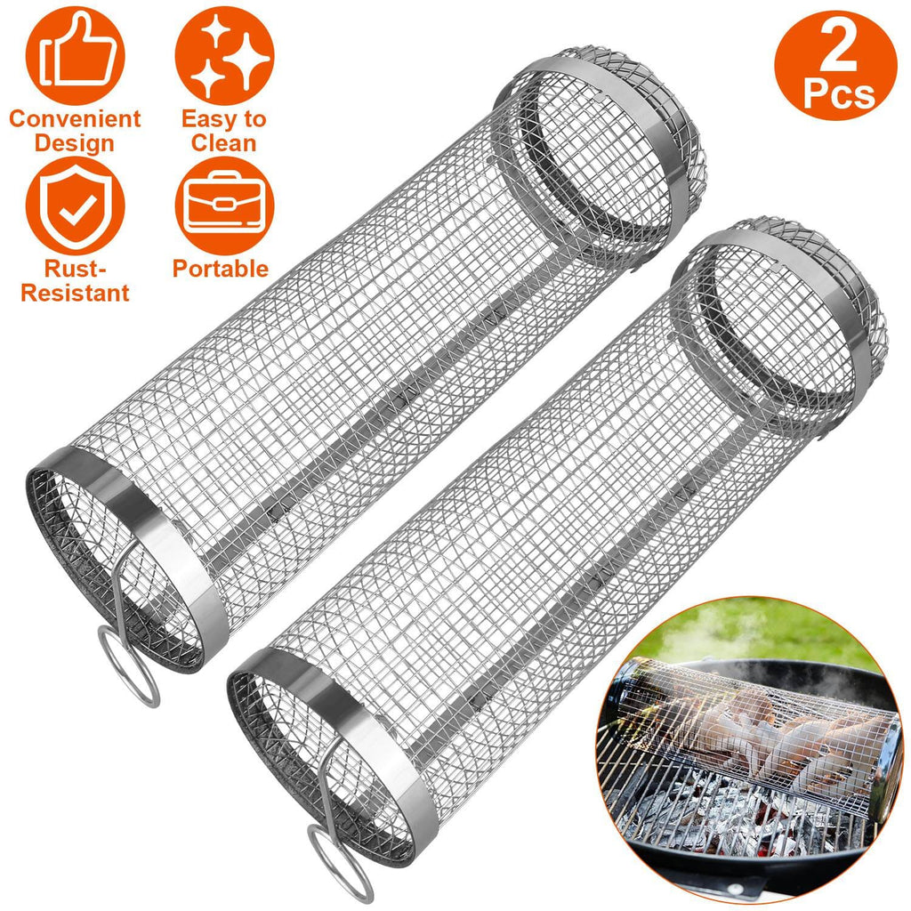 2-piece: Portable BBQ Rolling Basket Round Stainless Steel Grill