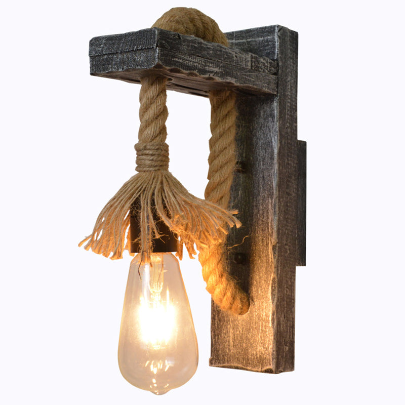 Rope Gray Wall Hanging Lamp Bare Bulb 1 Light Industrial Style Wall Lighting Ideas with Wood L-Arm