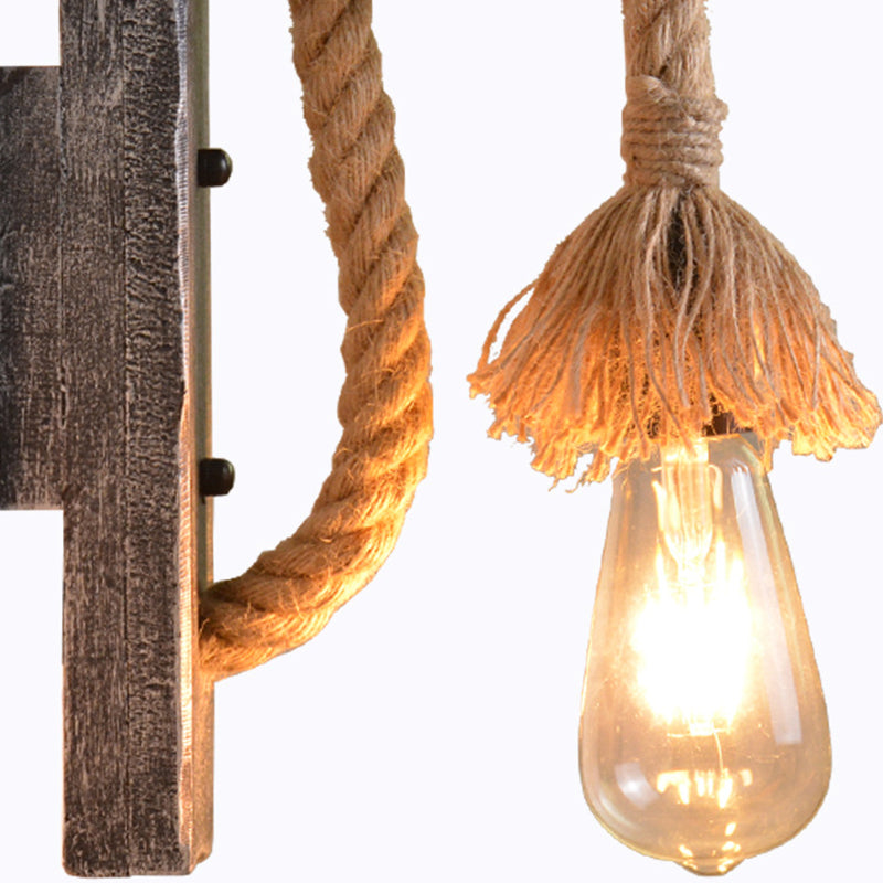 Rope Gray Wall Hanging Lamp Bare Bulb 1 Light Industrial Style Wall Lighting Ideas with Wood L-Arm