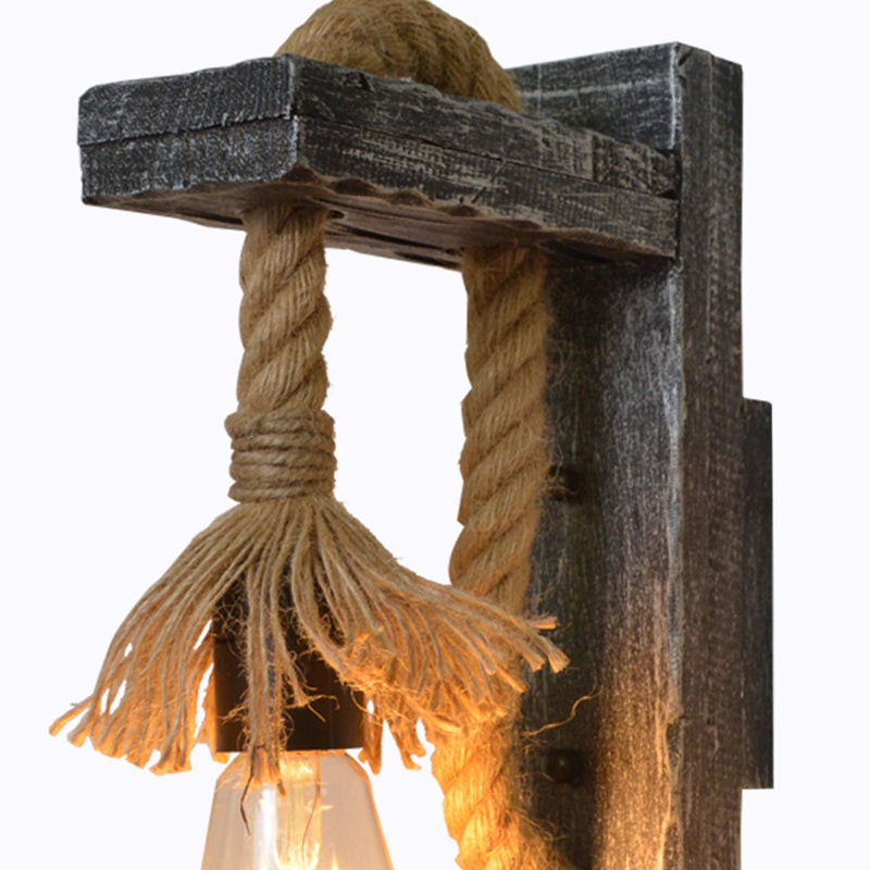 Rope Gray Wall Hanging Lamp Bare Bulb 1 Light Industrial Style Wall Lighting Ideas with Wood L-Arm