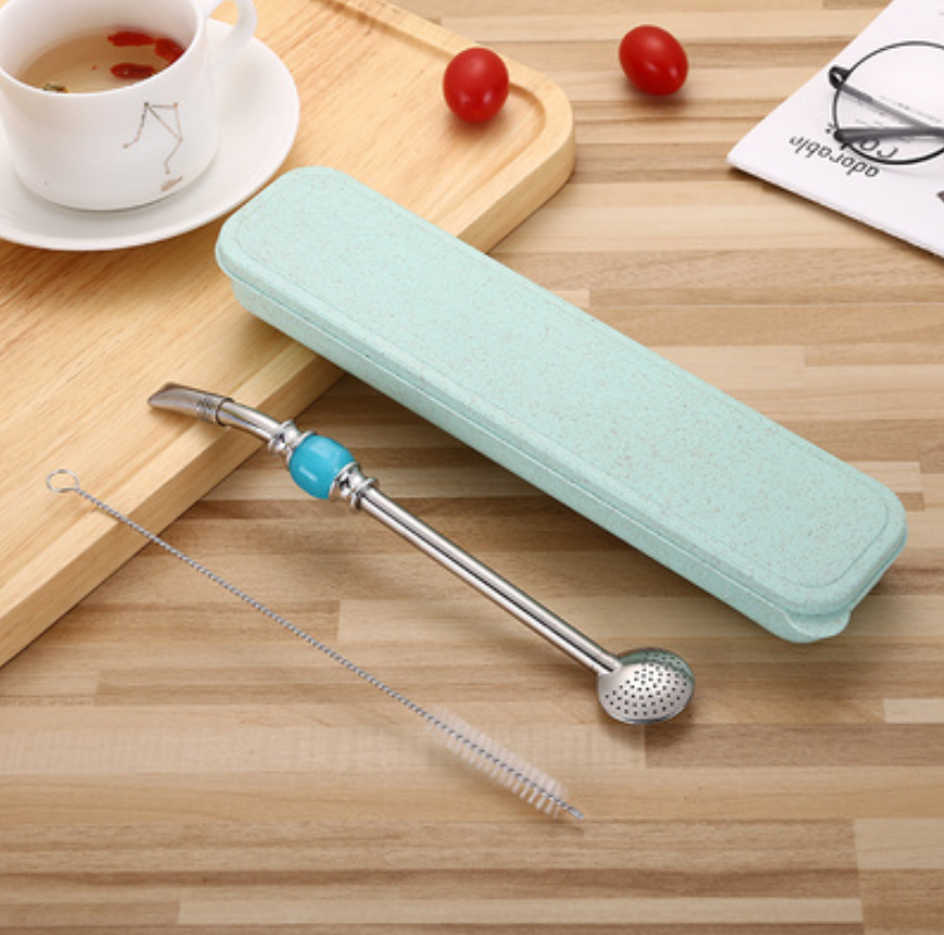 Stainless Steel Reusable Drinking Straws with Filter Spoon, with Storage Box & Cleaning Brush