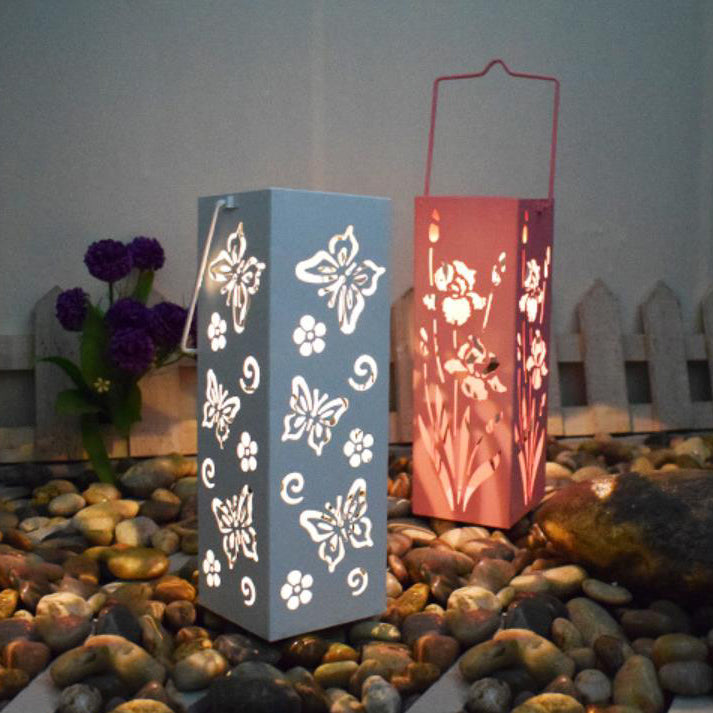 Solar Butterfly Rose Pattern Hollow Column LED Outdoor Waterproof Decorative Lamp