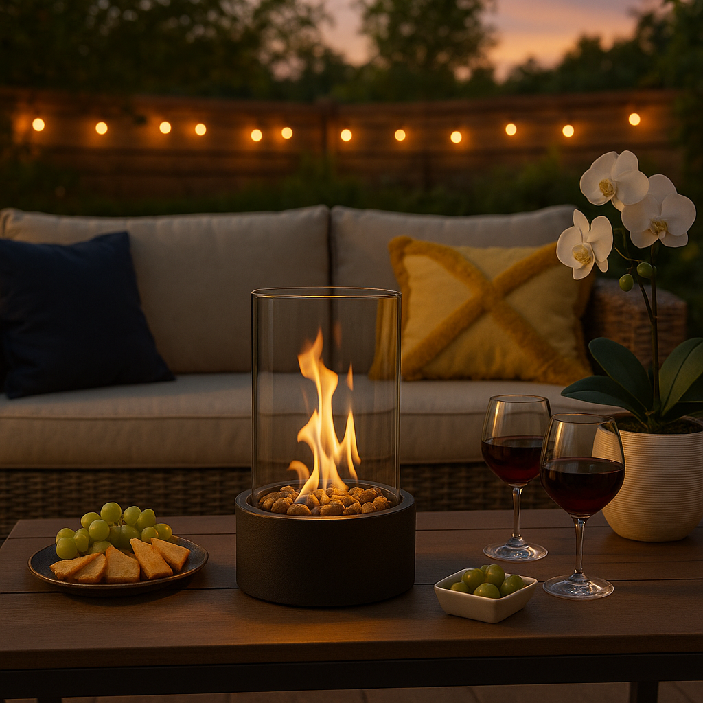 Warmth without scent in an elegant, portable tabletop fireplace