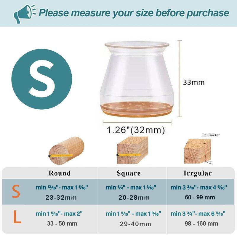 Clear Silicone Chair Leg Caps with Integrated Felt Pads