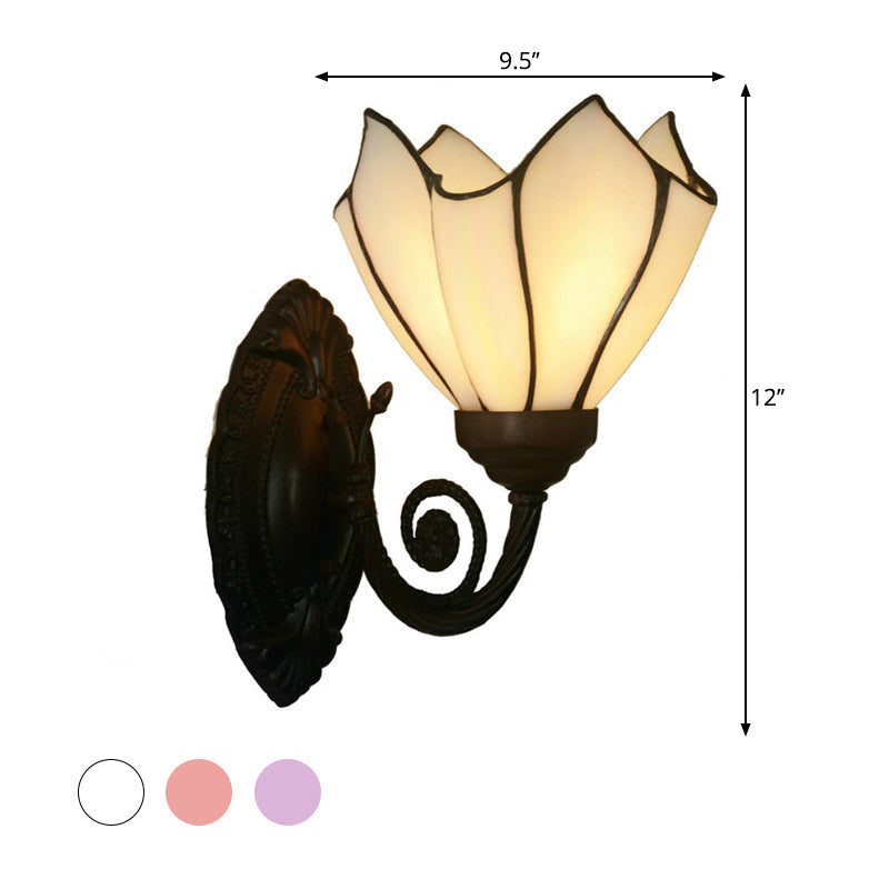 Handcrafted Glass Flowers Wall Light Mediterranean 1 Bulb Black Wall Mounted Lamp with Curved Arm