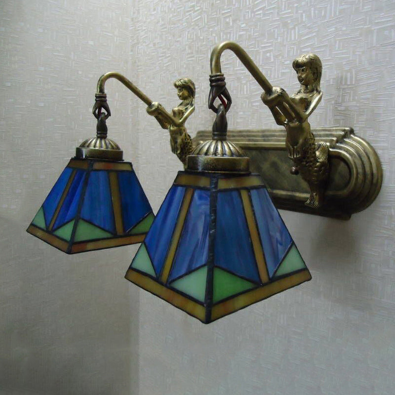 Trapezium Wall Mount Lamp Fixture Tiffany Bronze Cut Glass Wall Lighting with Mermaid Arm