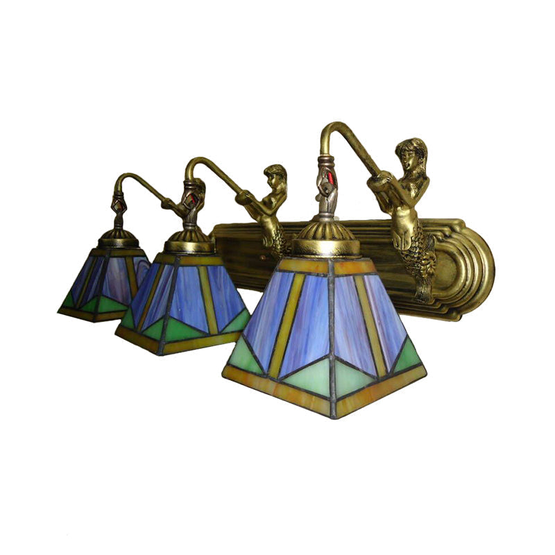 Trapezium Wall Mount Lamp Fixture Tiffany Bronze Cut Glass Wall Lighting with Mermaid Arm