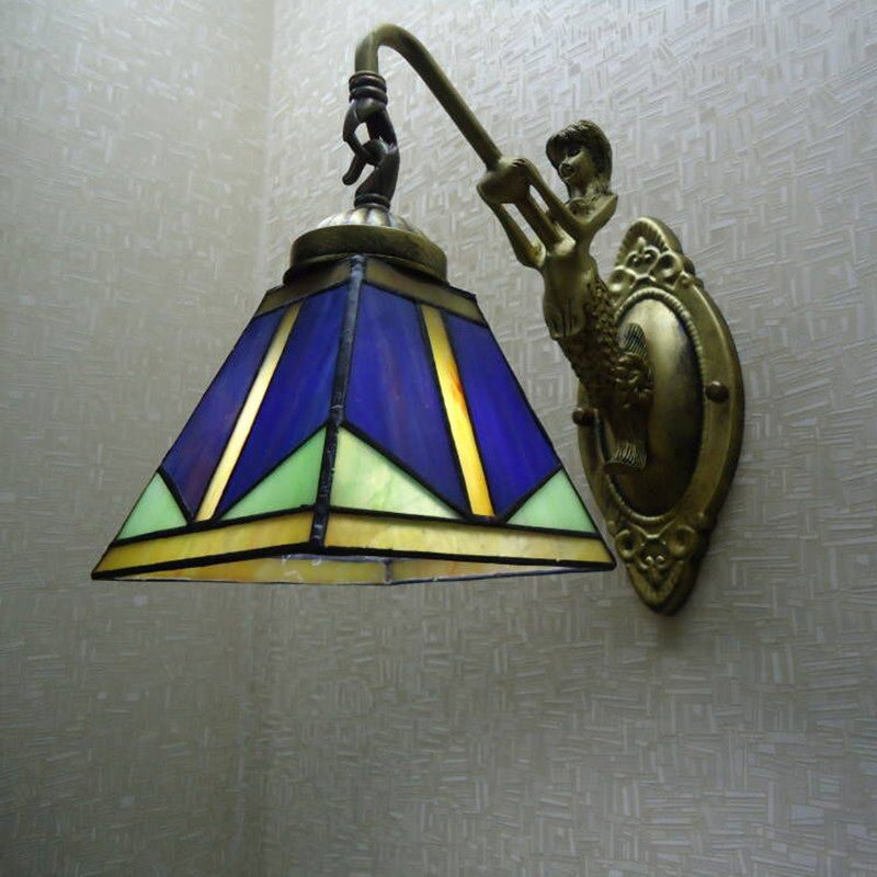 Trapezium Wall Mount Lamp Fixture Tiffany Bronze Cut Glass Wall Lighting with Mermaid Arm