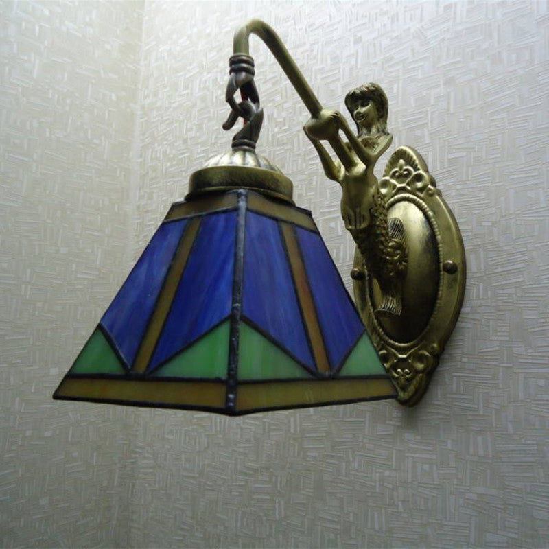 Trapezium Wall Mount Lamp Fixture Tiffany Bronze Cut Glass Wall Lighting with Mermaid Arm