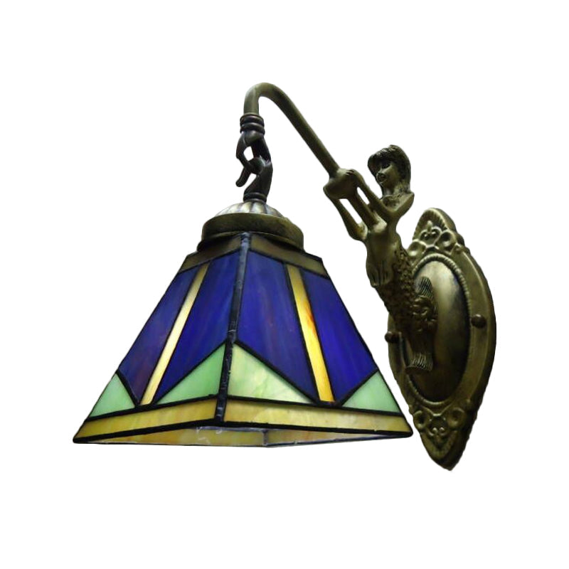 Trapezium Wall Mount Lamp Fixture Tiffany Bronze Cut Glass Wall Lighting with Mermaid Arm