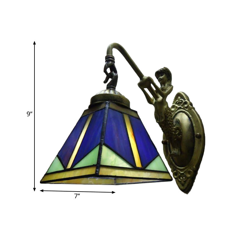 Trapezium Wall Mount Lamp Fixture Tiffany Bronze Cut Glass Wall Lighting with Mermaid Arm