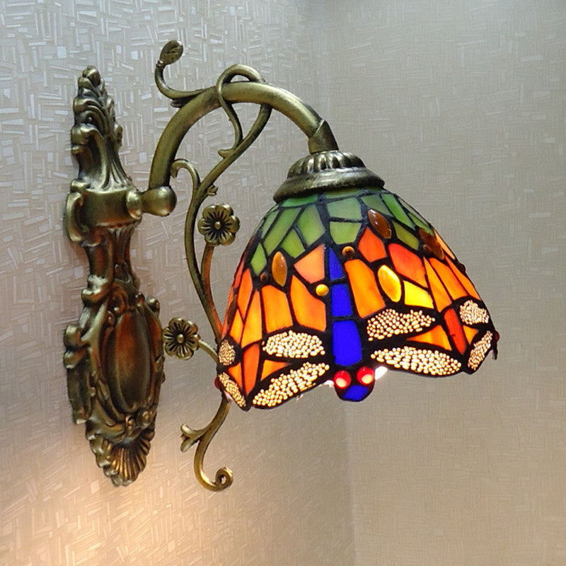 Hand-cut Glass Dragonfly Wall Lamp Tiffany Style 1 Light Wall Mounted Light Fixture with Carved Backplate