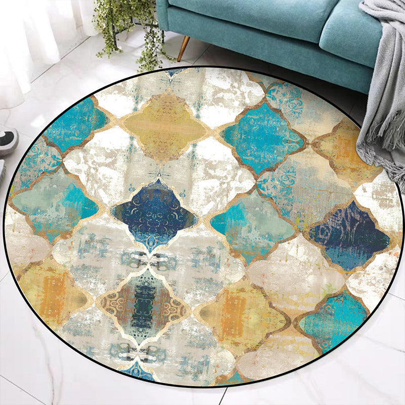 Worn Blue-Yellow Moroccan Carpet Polypropylene Quadrifolium Pattern Carpet Non-Slip Backing Pet Friendly Stain Resistant Carpet for Room