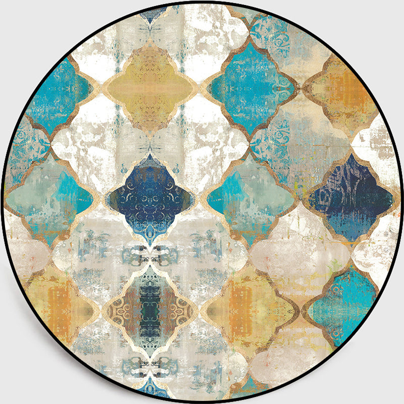 Worn Blue-Yellow Moroccan Carpet Polypropylene Quadrifolium Pattern Carpet Non-Slip Backing Pet Friendly Stain Resistant Carpet for Room