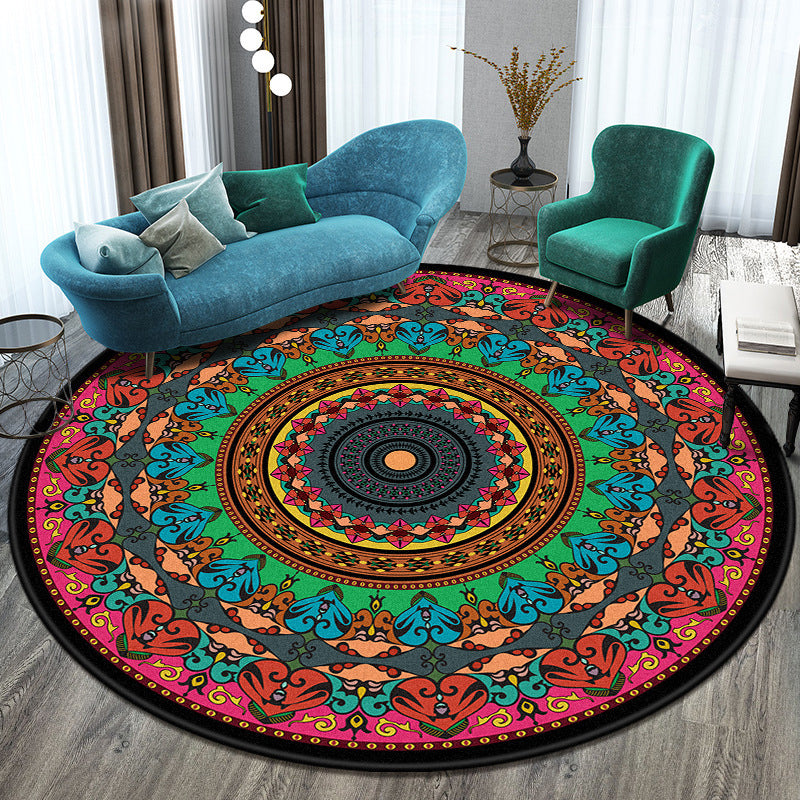 Bohemian Living Room Rug Multicolored Mandala Rug Polyester Stain Resistant Washable Non-Slip Backing Rug for Hallway