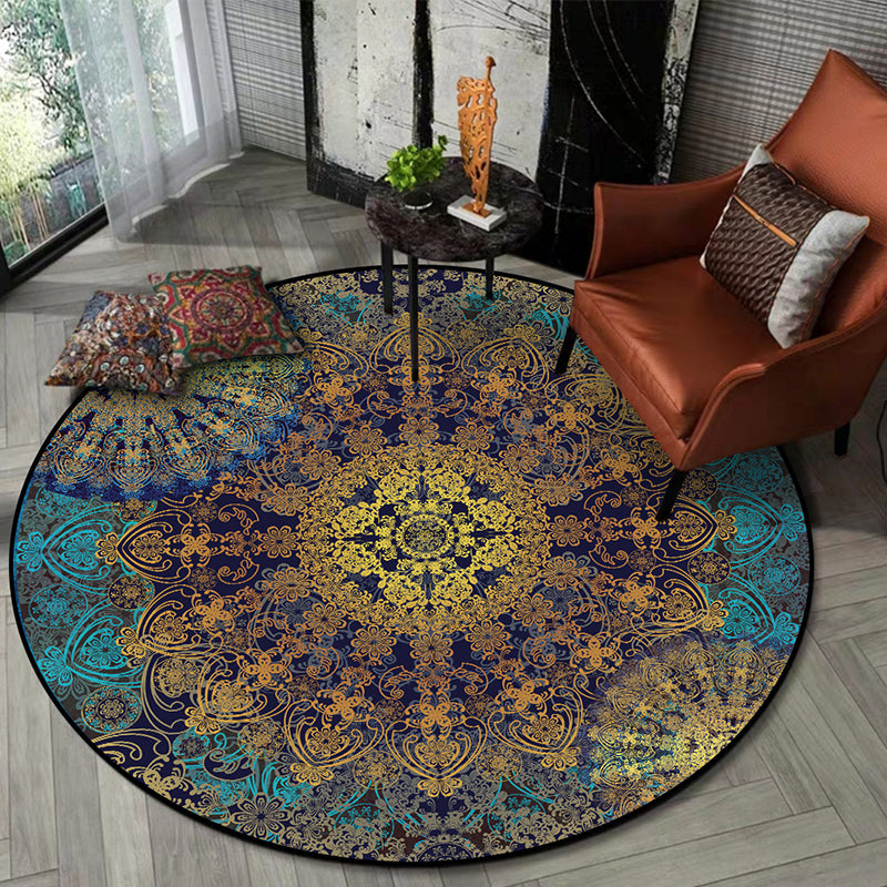 Weathered Floral Pattern Rug Weathered Blue-Yellow Moroccan Rug Polyester Washable Non-Slip Floor Stain Resistant Rug for Home