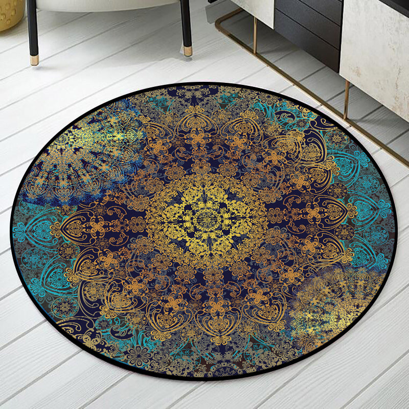 Weathered Floral Pattern Rug Weathered Blue-Yellow Moroccan Rug Polyester Washable Non-Slip Floor Stain Resistant Rug for Home