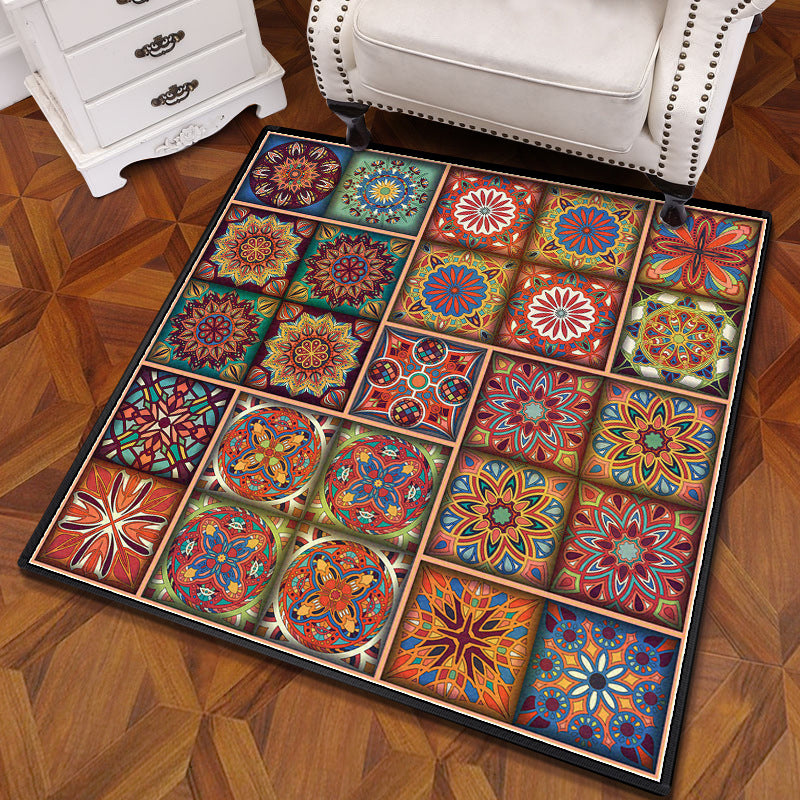 Multicolored Mandala Rug Polypropylene Turkish Carpet Non-Slip Backing Stain-Resistant Machine Washable Carpet for Bedroom
