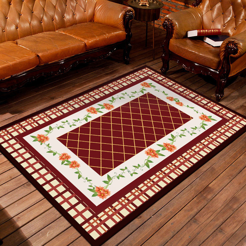 Nostalgic Persian Carpet Multicolored Grid Mat Non-slip Washable Pet-friendly Carpet for Living Room