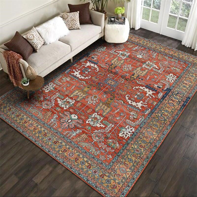 Red Persian Style Carpet Synthetic Geometric Area Rug Washable Non-Slip Backing Stain-Resistant Carpet for Room