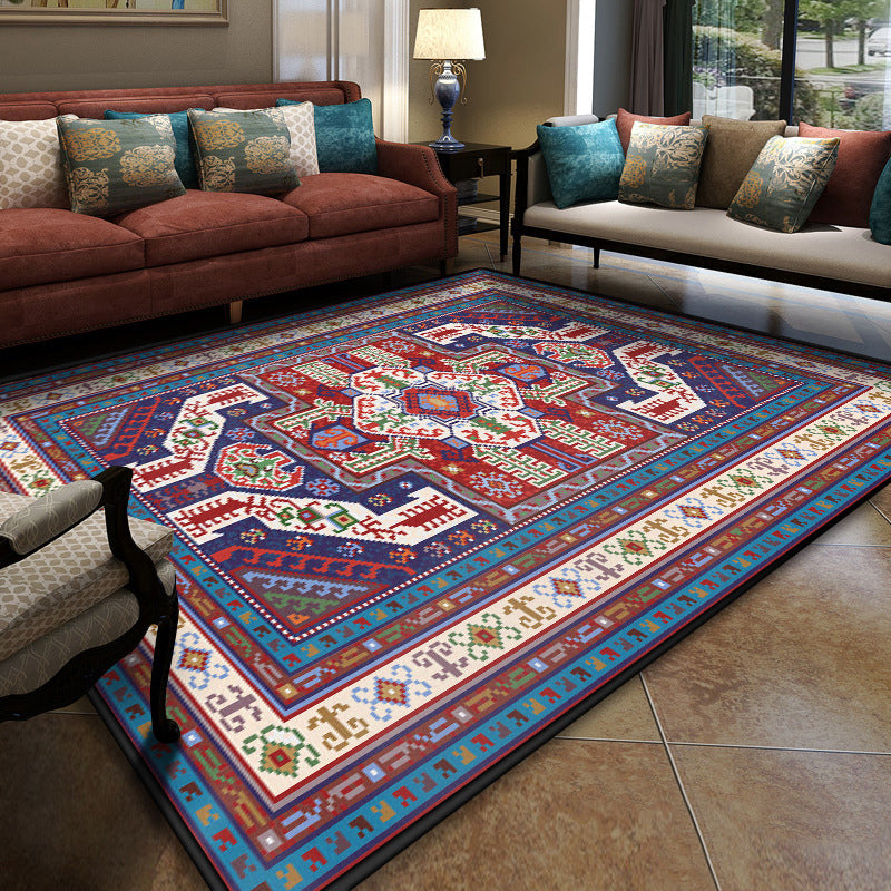 Turkish Meeting Room Carpet Multicolor Symmetrical Tribal Pattern Carpet Polypropylene Non-Slip Stain Resistant Washable Carpet