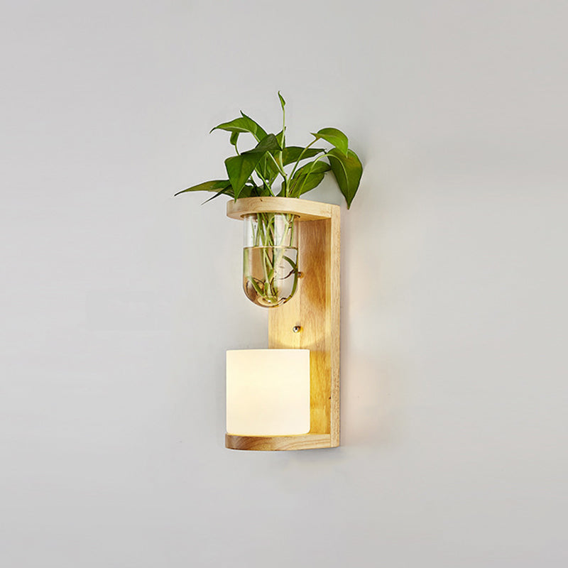 White Glass Geometric Wall Lighting Modern 1 Head Wood Wall Lamp for Nightstand