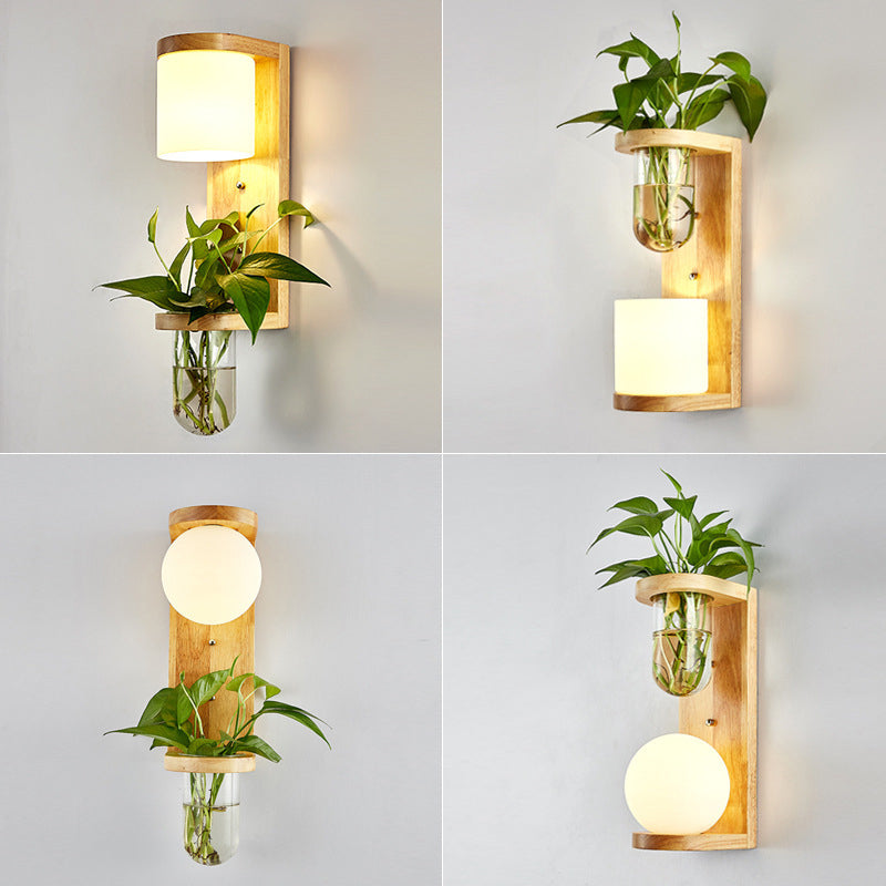 White Glass Geometric Wall Lighting Modern 1 Head Wood Wall Lamp for Nightstand