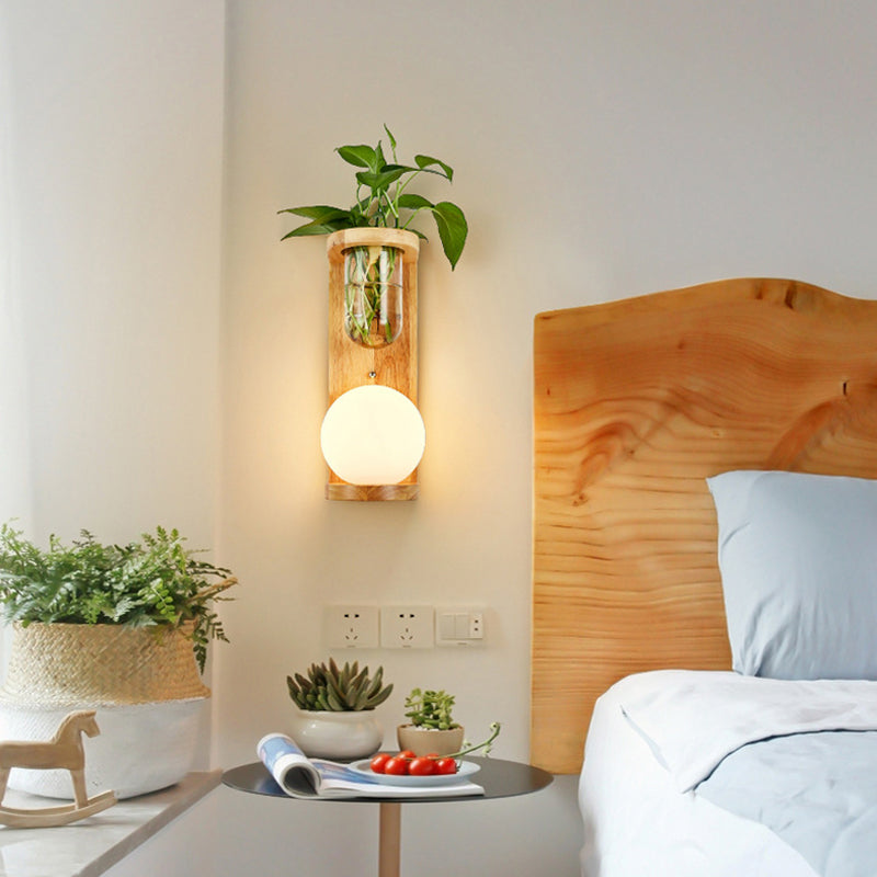 White Glass Geometric Wall Lighting Modern 1 Head Wood Wall Lamp for Nightstand