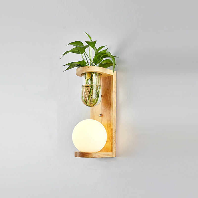 White Glass Geometric Wall Lighting Modern 1 Head Wood Wall Lamp for Nightstand