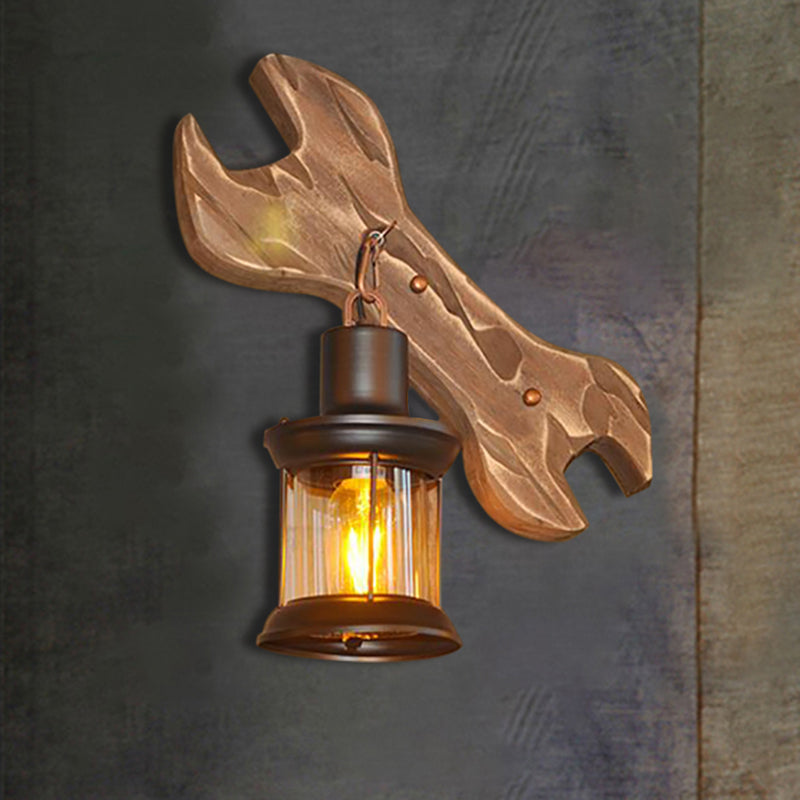 Lantern Indoor Wall Lighting Rustic Style Clear Glass 1 Light Black Wall Lamp with Wooden Backplate