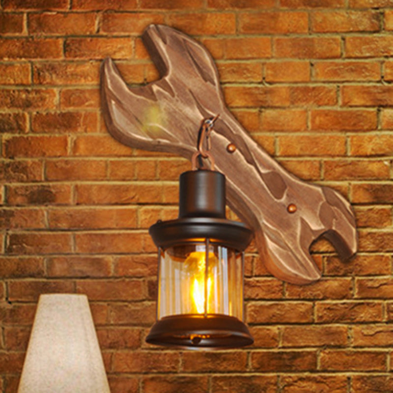Lantern Indoor Wall Lighting Rustic Style Clear Glass 1 Light Black Wall Lamp with Wooden Backplate