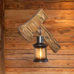 Lantern Indoor Wall Lighting Rustic Style Clear Glass 1 Light Black Wall Lamp with Wooden Backplate