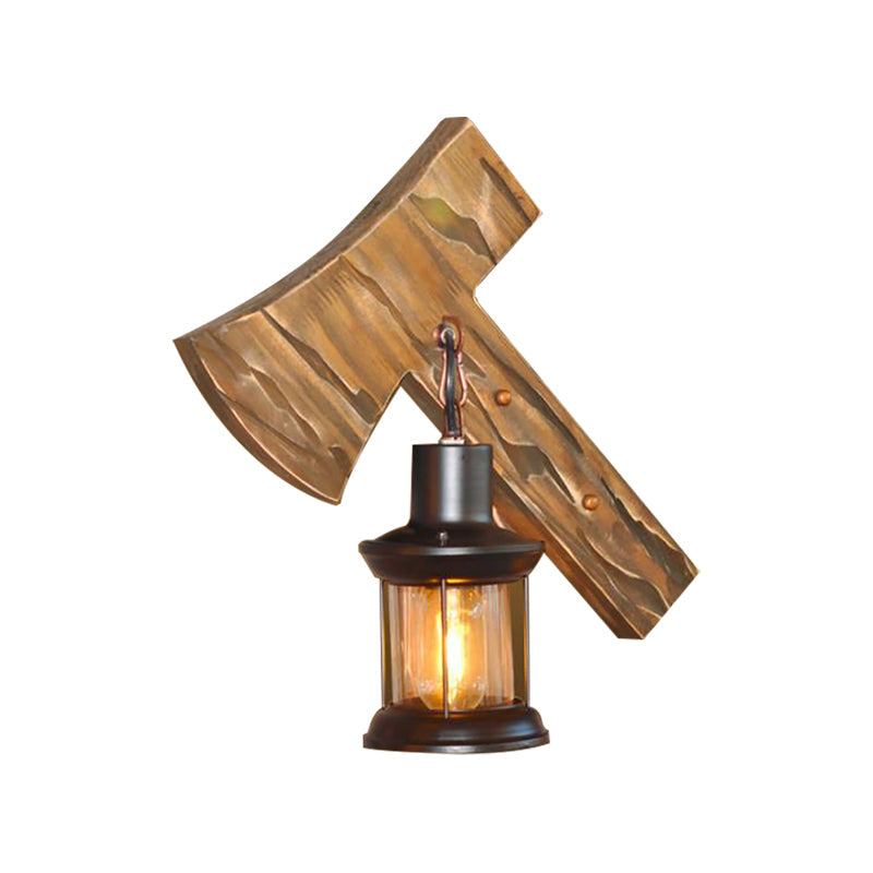 Lantern Indoor Wall Lighting Rustic Style Clear Glass 1 Light Black Wall Lamp with Wooden Backplate