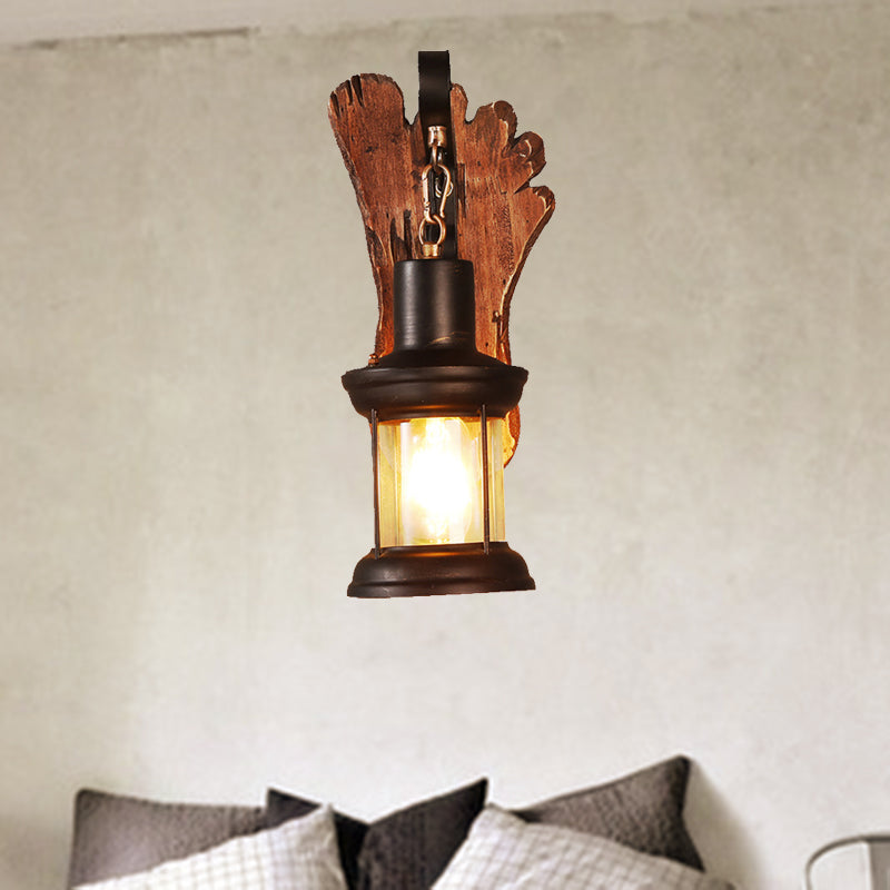 Kerosene Dining Room Wall Lamp Coastal Clear Glass 1 Light Black Wall Lamp Light Fixture with Wooden Base/Axe Backplate