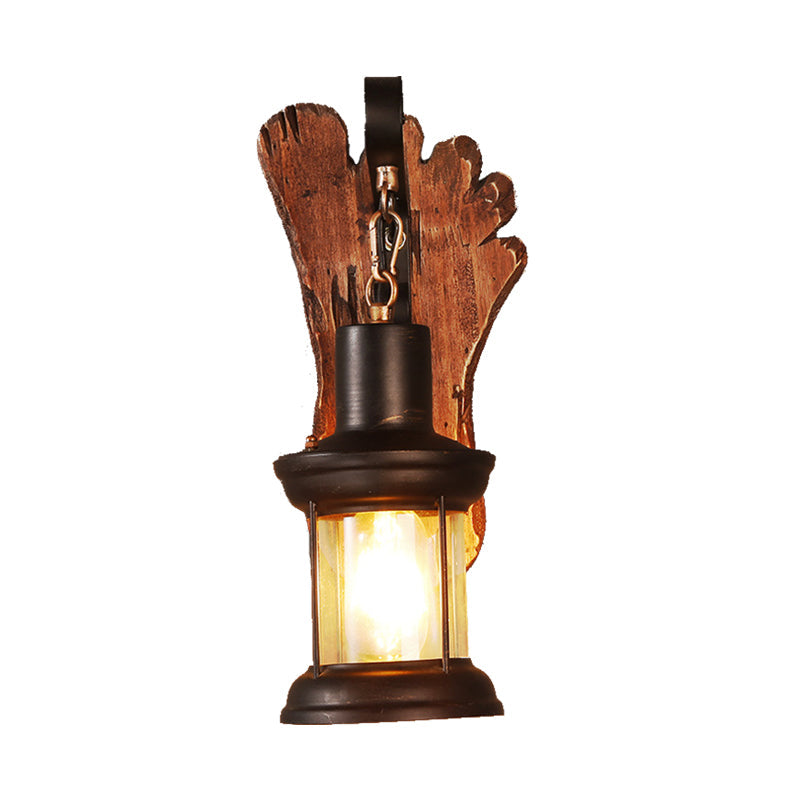 Kerosene Dining Room Wall Lamp Coastal Clear Glass 1 Light Black Wall Lamp Light Fixture with Wooden Base/Axe Backplate