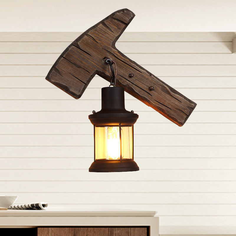 Kerosene Dining Room Wall Lamp Coastal Clear Glass 1 Light Black Wall Lamp Light Fixture with Wooden Base/Axe Backplate