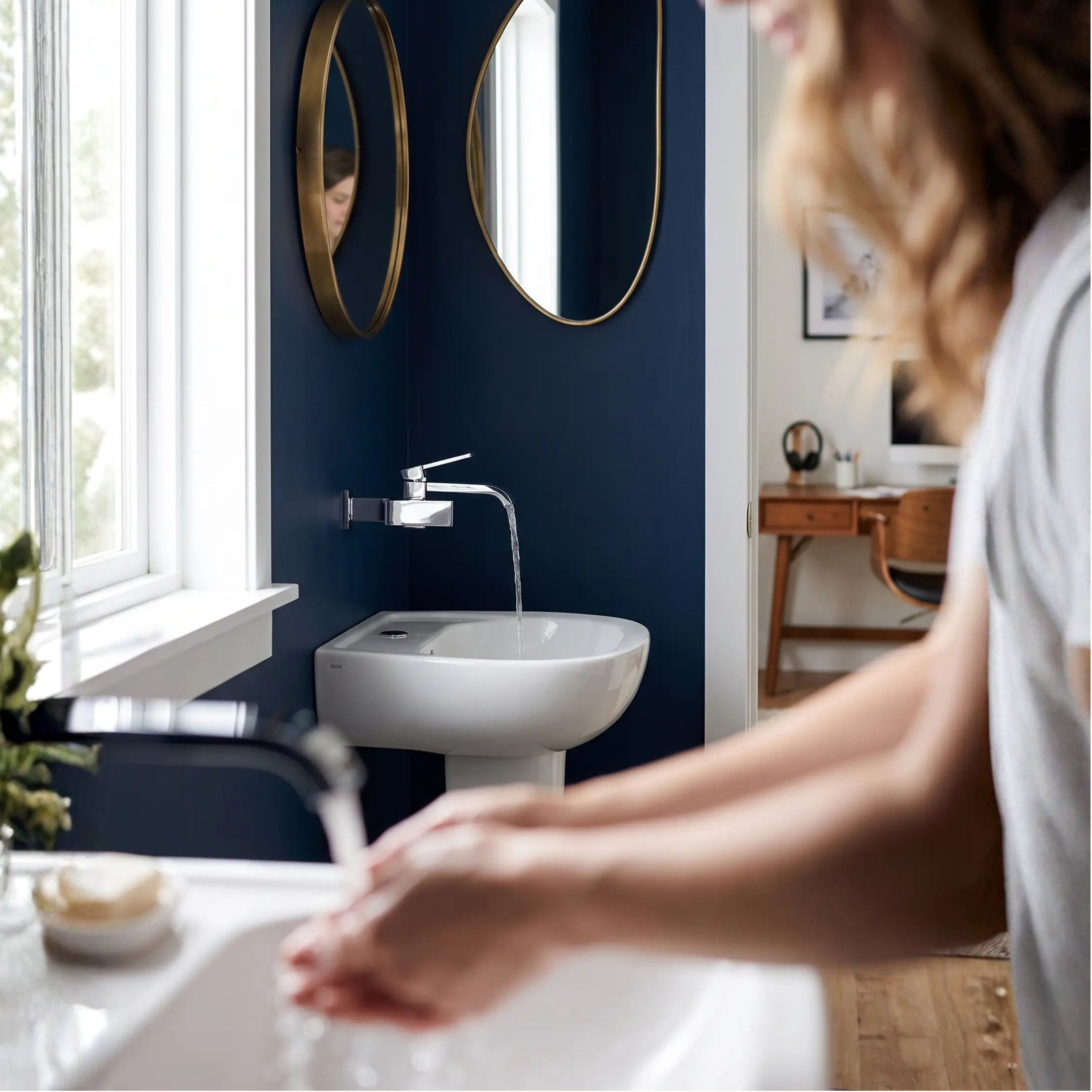 Contemporary Wall Mounted Bathroom Faucet Lever Handles Low Arc Swivel Brass Faucet