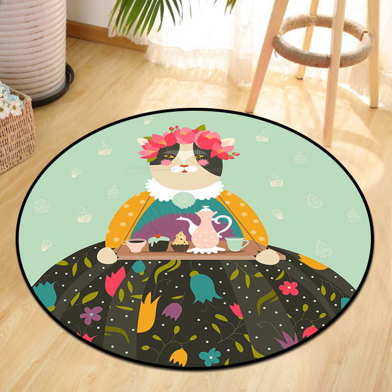 Cute Animal Picnic Drawing Carpet Multi-Color Children's Art Carpet Synthetic Non-Slip Machine Washable Stain Resistant Carpet for Children's Room