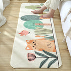 Green Children's Carpet Synthetic Cat in the Forest Pattern Carpet Pet Friendly Machine Washable Non-Slip Back Carpet for Bedroom