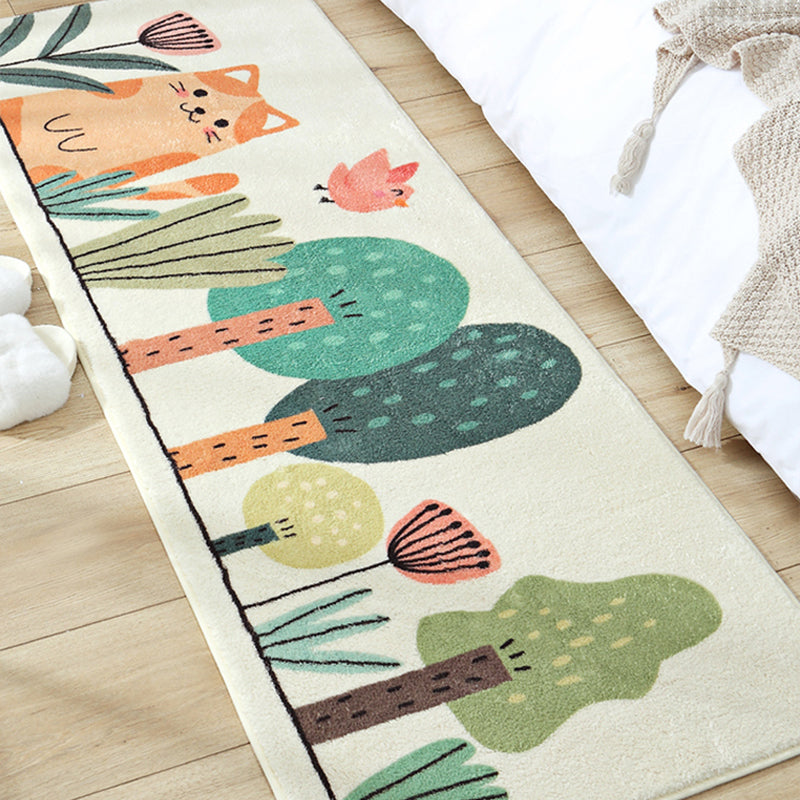 Green Children's Carpet Synthetic Cat in the Forest Pattern Carpet Pet Friendly Machine Washable Non-Slip Back Carpet for Bedroom