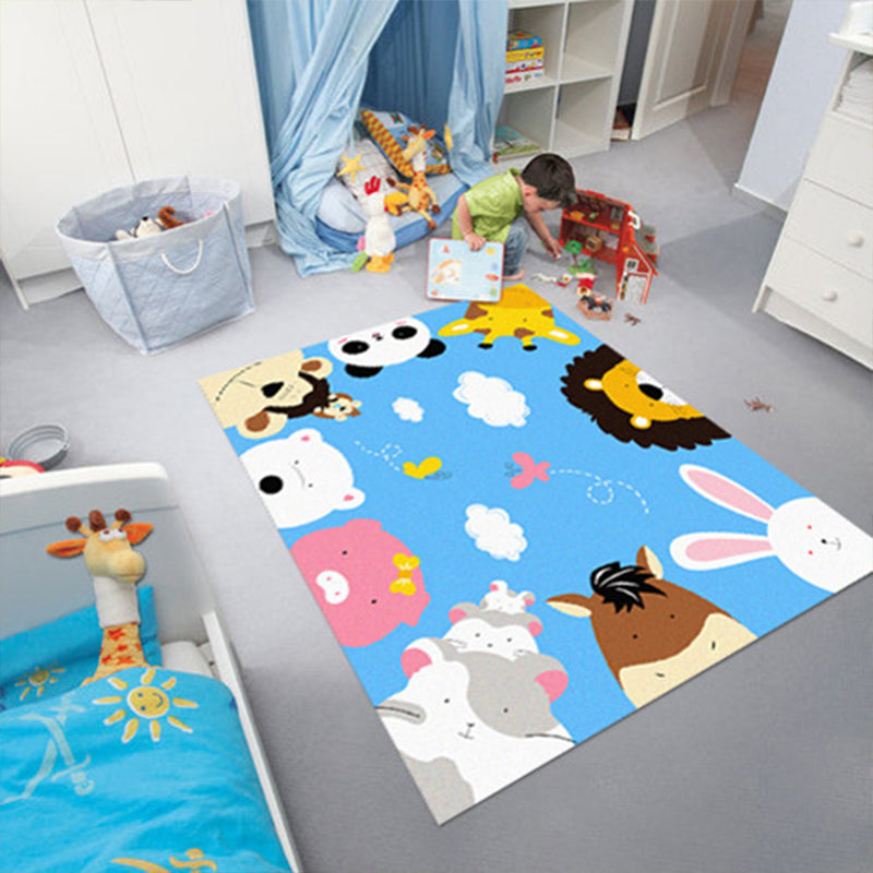 Cartoon Kindergarten Area Rug Multi Colored Animal Pattern Rug Polypropylene Non-Slip Backing Pet-Friendly Washable Rug