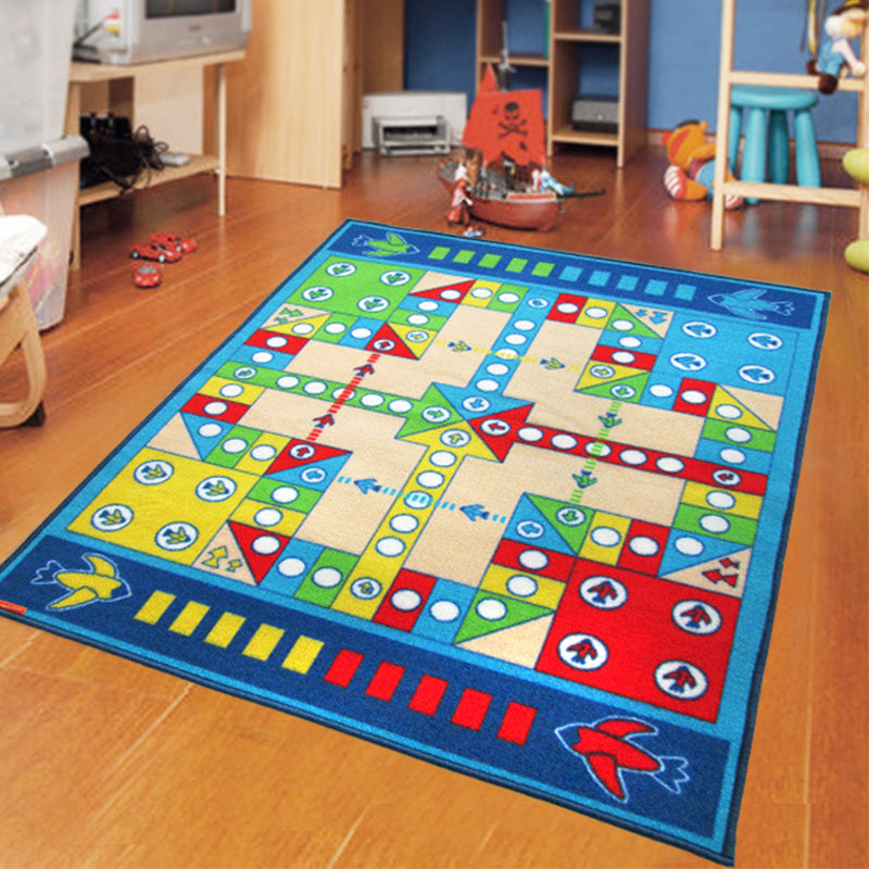 Playable Child Rug blue Airplane Chess Game Rug Non-Slip Backing Pet Friendly Stain Resistant Carpet for Preschool