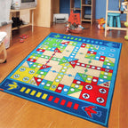 Playable Child Rug blue Airplane Chess Game Rug Non-Slip Backing Pet Friendly Stain Resistant Carpet for Preschool