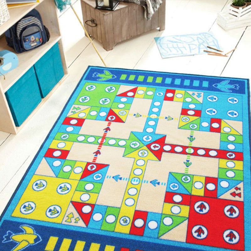 Playable Child Rug blue Airplane Chess Game Rug Non-Slip Backing Pet Friendly Stain Resistant Carpet for Preschool