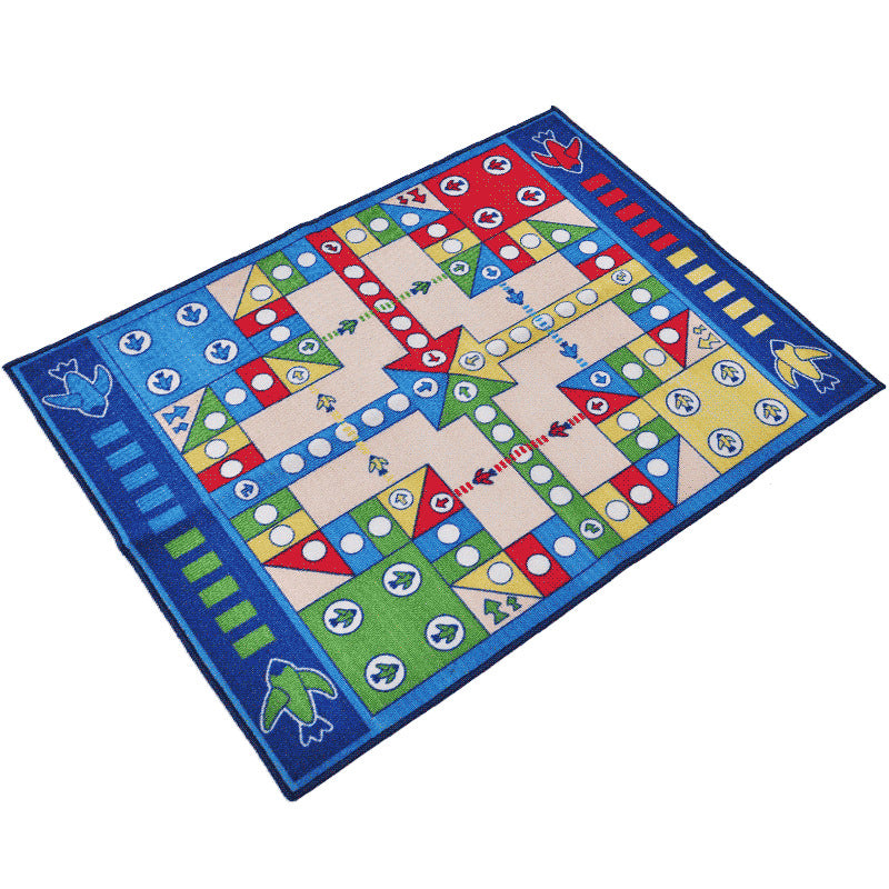 Playable Child Rug blue Airplane Chess Game Rug Non-Slip Backing Pet Friendly Stain Resistant Carpet for Preschool