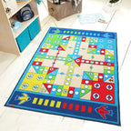Playable Child Rug blue Airplane Chess Game Rug Non-Slip Backing Pet Friendly Stain Resistant Carpet for Preschool