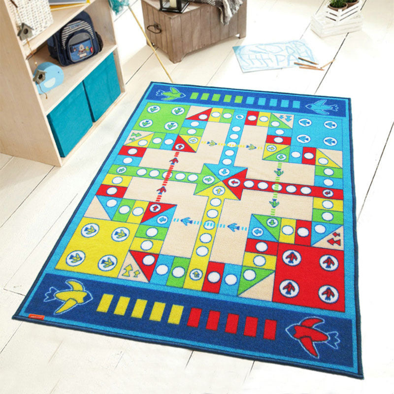 Playable Child Rug blue Airplane Chess Game Rug Non-Slip Backing Pet Friendly Stain Resistant Carpet for Preschool