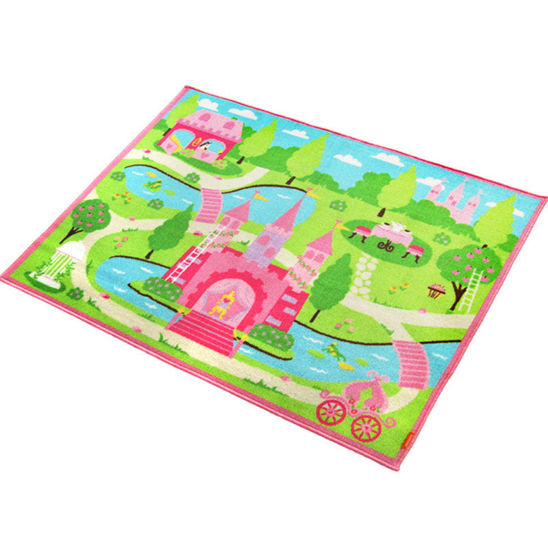 Shady Castle Landscape Print Carpet Pink Cartoon Area Rug Synthetic Stain Resistant Non-Slip Back Washable Rug for Children's Room